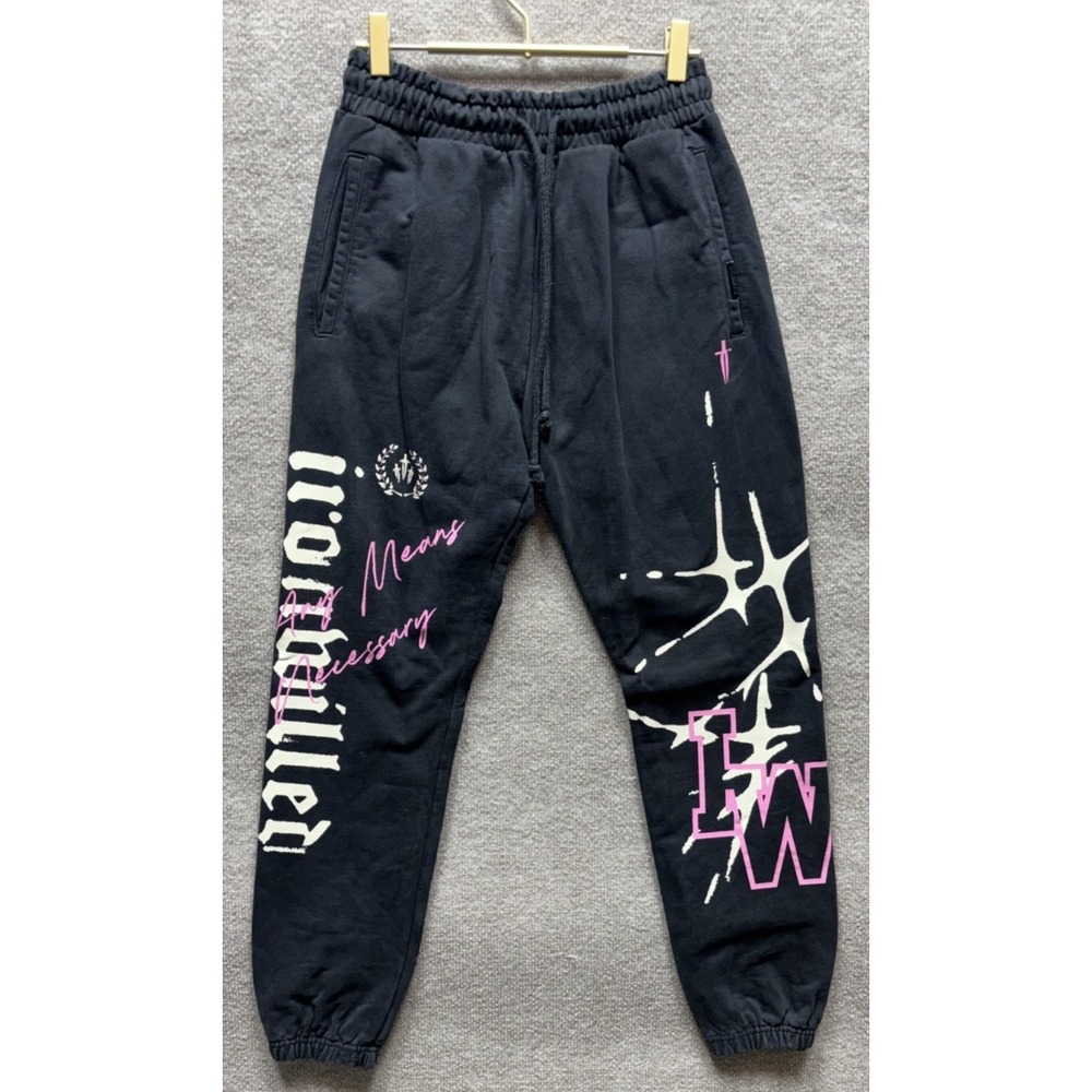 Ironwilled Sweatpants Womens XS Black Fleece Elastic Waist Paint Spatter EUC